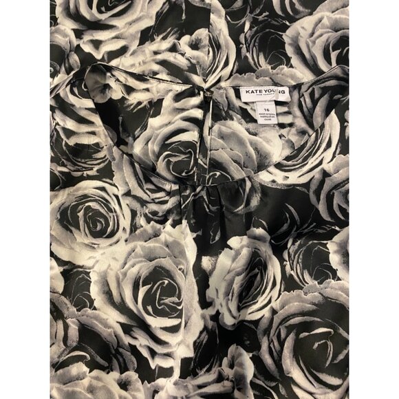 Kate Young Dress 16 Black Ivory Gray Floral Peplum Sheath Washable Faux Silk - Picture 10 of 11